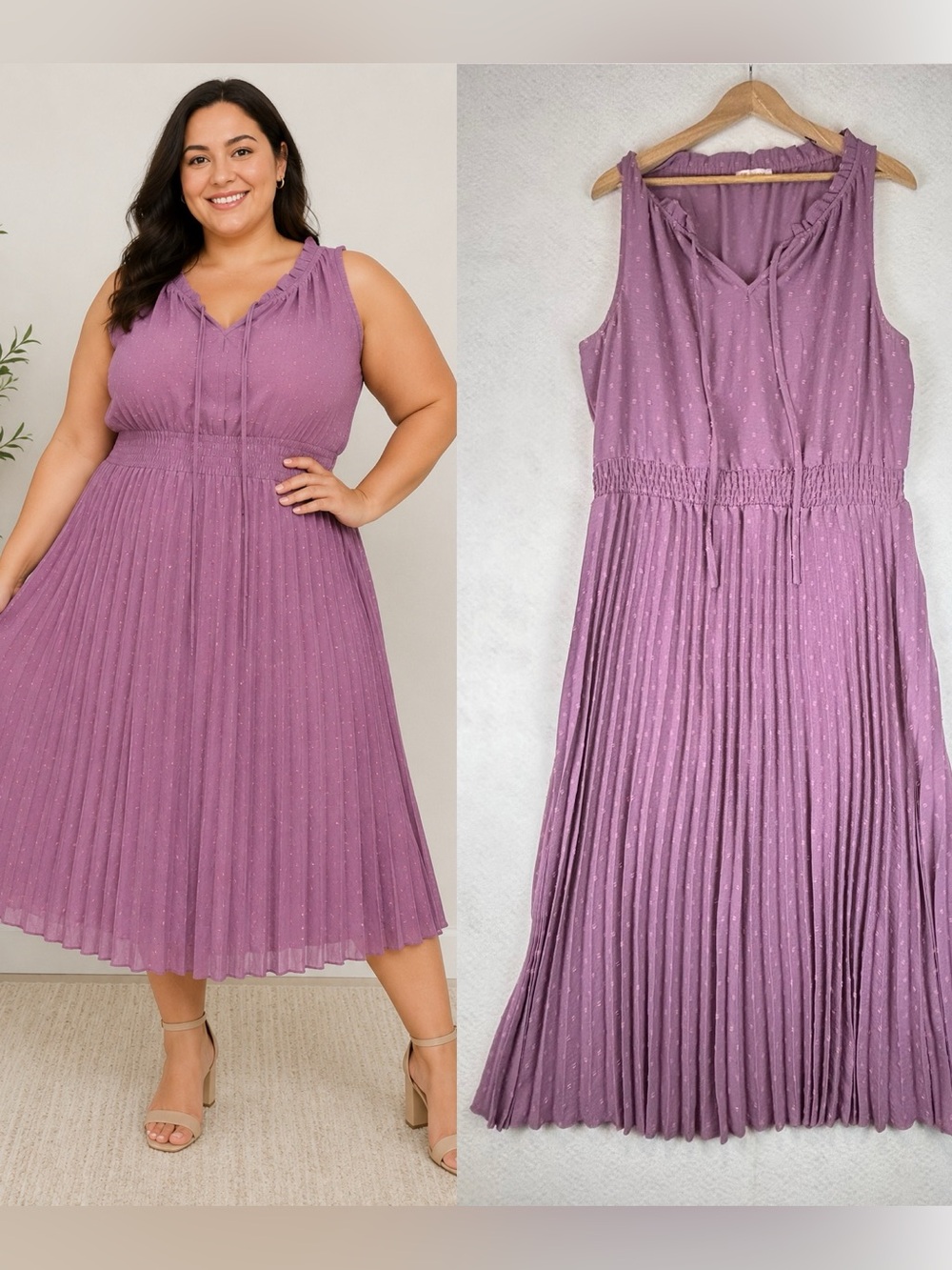Kirundo Mauve Swiss Dot Pleated Midi Dress XL Sleeveless Boho Cottagecore
Purple